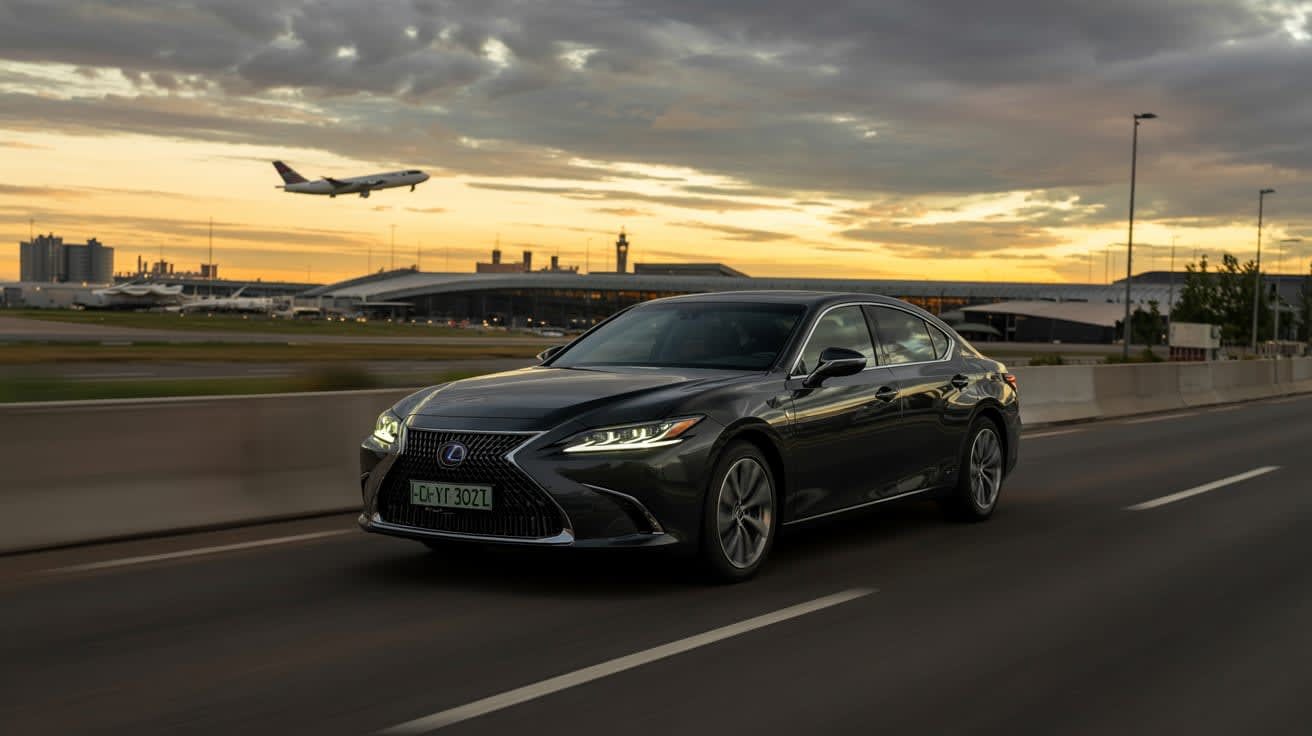 Executive private hire car on the road at sunset near the airport